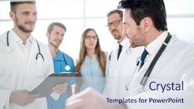  Presentation with laboratory - Cool new slides with hospital projects - female and male scientists backdrop and a sky blue colored foreground