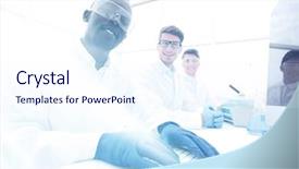  Presentation with laboratory - Cool new PPT theme with hospital projects - group of scientists sitting backdrop and a sky blue colored foreground