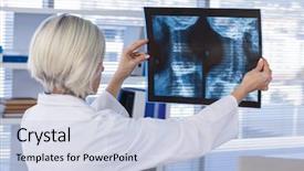  Presentation with doctor examining a newborn baby - PPT theme with hospital radiology services - female doctor examining x-ray report background and a  colored foreground
