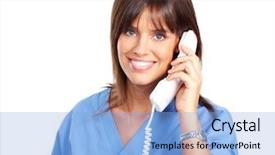  Presentation with telephone - Amazing presentation theme having hospital receptionist - smiling medical nurse with telephone backdrop and a light blue colored foreground