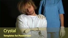  Presentation with mentally - Slide deck consisting of hospital restraint - mentally ill man in strait-jacket background and a tawny brown colored foreground