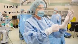  Presentation with hospital safety - Presentation design featuring hospital safety - mature female surgeon adjusting latext background and a soft green colored foreground