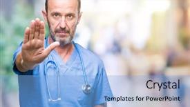  Presentation with medical robot hand and doctor - Slides consisting of hospital security - middle age hoary senior doctor background and a  colored foreground