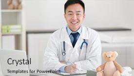  Presentation with pediatrics toddler and doctor - Slides enhanced with hospital social work - handsome pediatrician doctor with laptop background and a  colored foreground