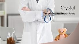  Presentation with being new doctor - Beautiful slide deck featuring hospital social work - male doctor with teddy bear backdrop and a  colored foreground