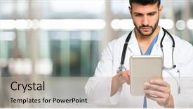  Presentation with software - Presentation design with hospital software - doctor using his tablet large background and a soft green colored foreground