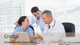  Presentation with bright - Presentation design consisting of hospital staff - doctors and surgeon discussing together background and a coral colored foreground