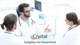  Presentation with group of companies - Audience pleasing PPT layouts consisting of hospital staff - group of doctors talking backdrop and a sky blue colored foreground