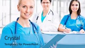  Presentation with staff - Audience pleasing PPT theme consisting of hospital staff - portrait of a smart female backdrop and a  colored foreground