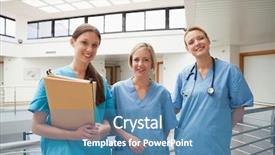  Presentation with healthcare workers - Audience pleasing slides consisting of hospital staff - three smiling nurses in stairwell backdrop and a  colored foreground