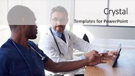  Presentation with staff meeting - Presentation design with hospital staff meeting and review notes on digital tablet background and a white colored foreground