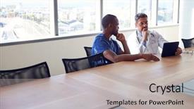  Presentation with staff meeting - Slide set enhanced with hospital staff meeting and review notes on digital tablet background and a light gray colored foreground