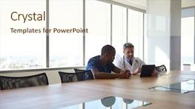  Presentation with staff meeting - Audience pleasing presentation theme consisting of hospital staff meeting and review notes on digital tablet backdrop and a cream colored foreground