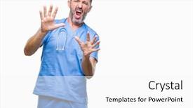  Presentation with medical concept - Theme enhanced with hospital violence - middle age hoary senior doctor background and a  colored foreground