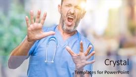  Presentation with medical concept - PPT layouts having hospital violence - middle age hoary senior doctor background and a light blue colored foreground