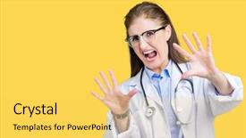  Presentation with medical concept - Slide set enhanced with hospital violence - middle age mature doctor woman background and a yellow colored foreground