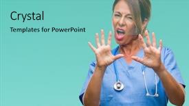  Presentation with panic - Amazing PPT theme having hospital violence - middle age senior nurse doctor backdrop and a seafoam green colored foreground