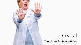  Presentation with autoimmune disease medical concept - Presentation theme consisting of senior caucasian doctor woman wearing background and a light gray colored foreground