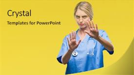  Presentation with panic - Colorful theme enhanced with hospital violence - young beautiful blonde doctor surgeon backdrop and a yellow colored foreground
