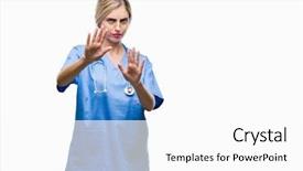  Presentation with panic - Colorful slide set enhanced with hospital violence - young beautiful blonde doctor surgeon backdrop and a white colored foreground