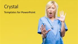  Presentation with panic - PPT theme consisting of beautiful blonde doctor woman wearing background and a light gray colored foreground