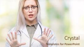  Presentation with panic - PPT layouts consisting of hospital violence - young blonde doctor woman background and a cream colored foreground