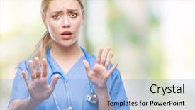  Presentation with violence woman - Audience pleasing presentation design consisting of hospital violence - young blonde surgeon doctor woman backdrop and a light blue colored foreground