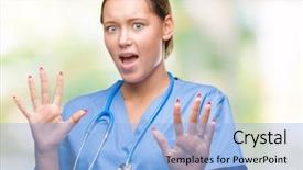  Presentation with medical concept - Colorful slide deck enhanced with young caucasian doctor woman wearing backdrop and a light gray colored foreground