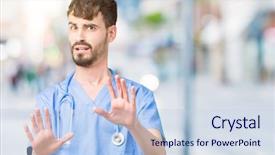  Presentation with nurse - Presentation theme with hospital violence - young handsome nurse man wearing background and a light blue colored foreground