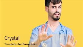  Presentation with nurse naby - Audience pleasing slides consisting of hospital violence - young handsome nurse man wearing backdrop and a yellow colored foreground