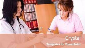  Presentation with medical assistant - Presentation design having hospital waiting room - female doctor and assistant filling background and a coral colored foreground