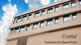  Presentation with modern school building - Beautiful presentation theme featuring hospital warehouse - modern building backdrop and a coral colored foreground