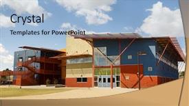  Presentation with modern building - Beautiful presentation design featuring hospital warehouse - modern commercial building backdrop and a  colored foreground