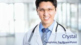  Presentation with friendly - Slide set consisting of hospital warehouse - portrait of friendly male doctor background and a  colored foreground