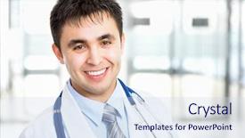  Presentation with friendly - PPT theme with hospital warehouse - portrait of friendly male doctor background and a  colored foreground