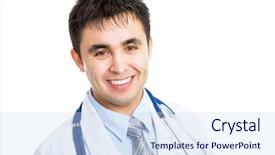  Presentation with eco friendly city - PPT theme featuring hospital warehouse - portrait of friendly male doctor background and a  colored foreground