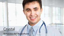  Presentation with chemical plant eco friendly - Presentation theme consisting of hospital warehouse - portrait of friendly male doctor background and a  colored foreground