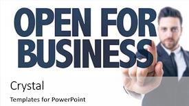  Presentation with business man climbs up to the top of 3d success stairs steps - Amazing PPT theme having hospitality finance - business man pointing the text backdrop and a white colored foreground