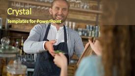  Presentation with health care customer service - PPT theme featuring hospitality finance - customer giving credit card background and a tawny brown colored foreground