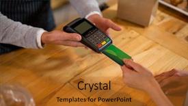  Presentation with credit card - Slide set consisting of hospitality finance - customer making payment through credit background and a gold colored foreground