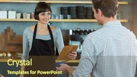  Presentation with waitress - Theme consisting of hospitality finance - smiling waitress giving parcel background and a tawny brown colored foreground