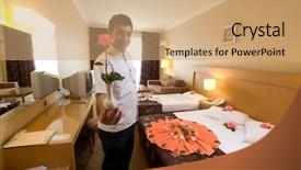  Presentation with hotel industry - Slide set consisting of bellboy with flower at hotel background and a coral colored foreground
