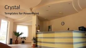  Presentation with hotel industry - Beautiful PPT layouts featuring reception desk in small hotel backdrop and a coral colored foreground