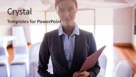  Presentation with female - Presentation with hospitality management - beautiful female manager standing background and a coral colored foreground