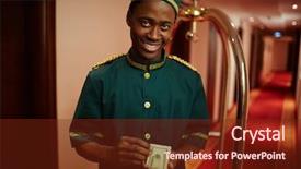  Presentation with hospitality - PPT layouts with hospitality management - happy hotel staff counting payment background and a tawny brown colored foreground