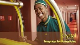  Presentation with hot work - Amazing PPT theme having hospitality management - happy porter doing his work backdrop and a tawny brown colored foreground