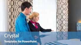  Presentation with hospitality - Slide deck featuring hospitality management - hotel manager or receptionist welcoming background and a teal colored foreground