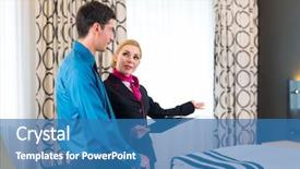  Presentation with hospitality - Presentation featuring hospitality management - hotel manager or receptionist welcoming background and a teal colored foreground
