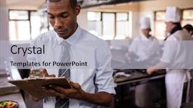  Presentation with hotel kitchen - Theme consisting of hospitality management - male manager writing background and a light gray colored foreground