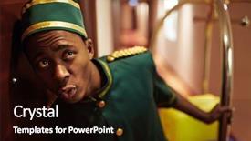  Presentation with hospitality - PPT theme consisting of hospitality management - porter with luggage cart eavesdropping background and a wine colored foreground